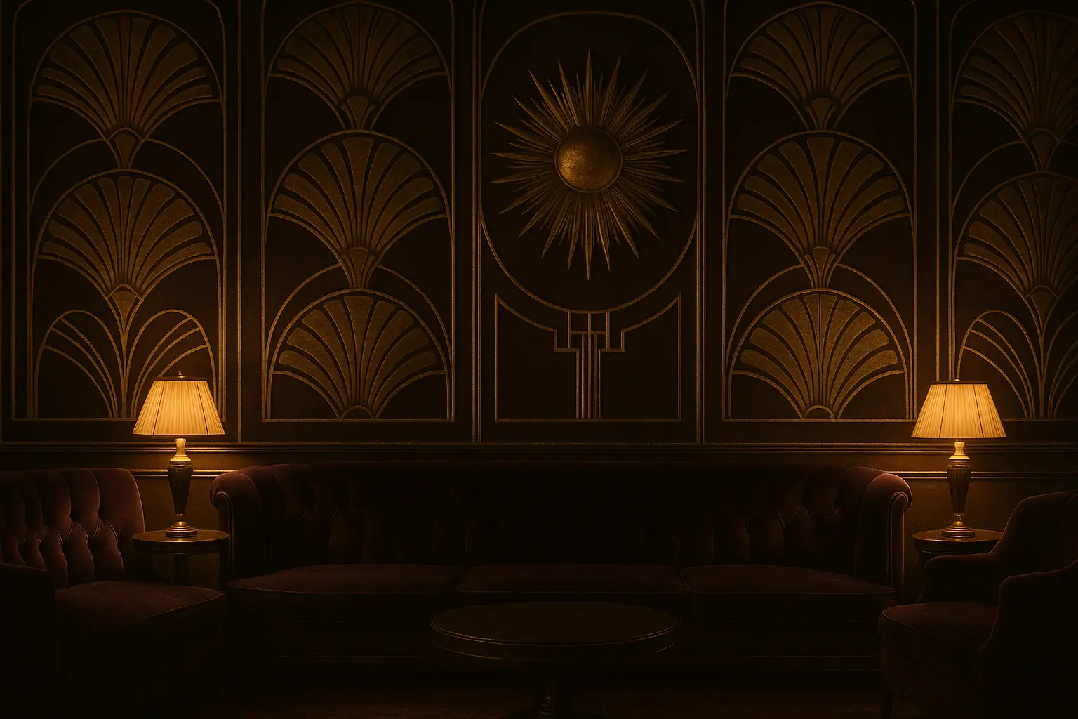 Plum art deco salon with champagne gold fan motifs