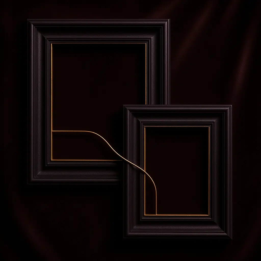 Two dark frames linked by a gold line